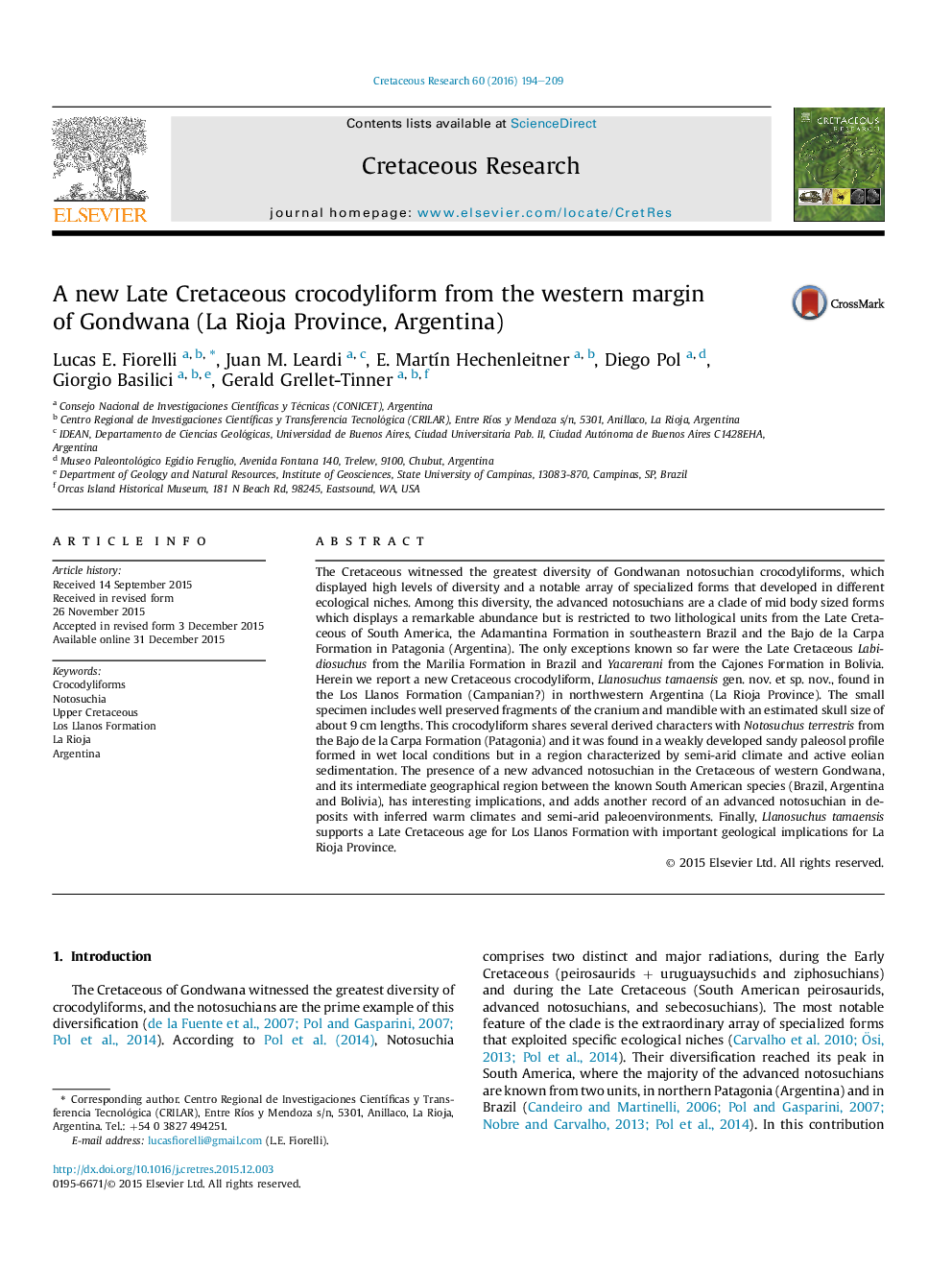 A new Late Cretaceous crocodyliform from the western margin of Gondwana (La Rioja Province, Argentina)