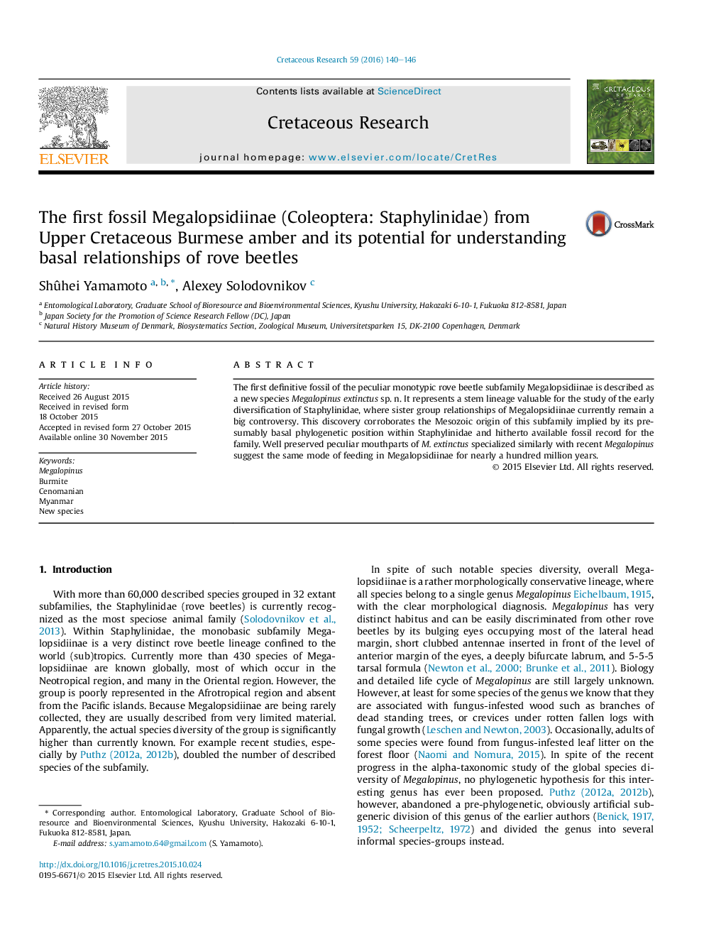 The first fossil Megalopsidiinae (Coleoptera: Staphylinidae) from Upper Cretaceous Burmese amber and its potential for understanding basal relationships of rove beetles