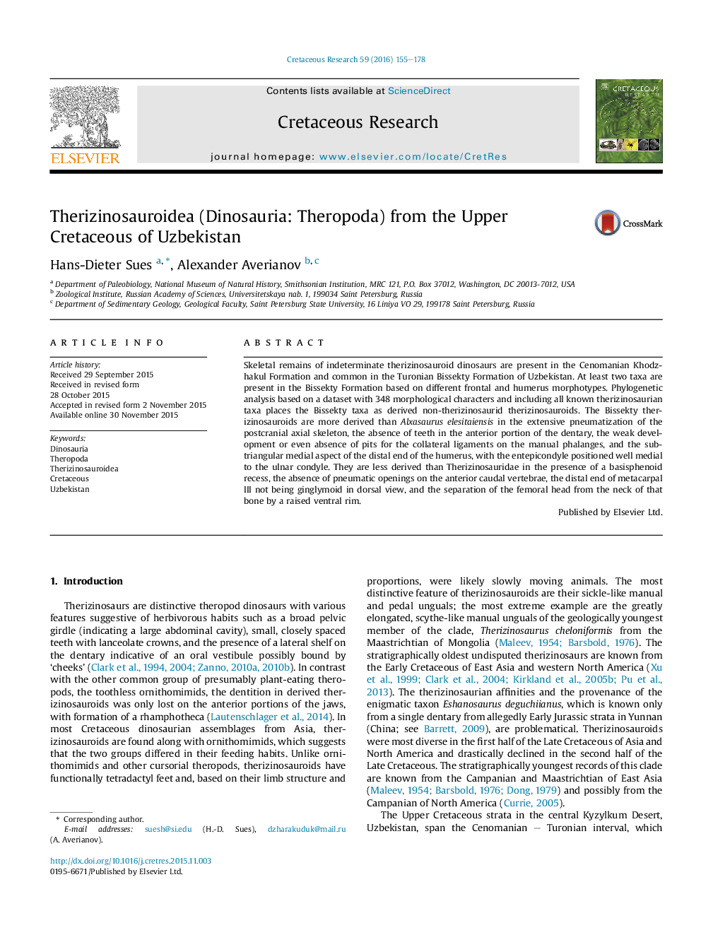 عکس صفحه اول مقاله: Therizinosauroidea (Dinosauria: Theropoda) from the Upper Cretaceous of Uzbekistan Therizinosauroidea (Dinosauria: Theropoda) from the Upper Cretaceous of Uzbekistan