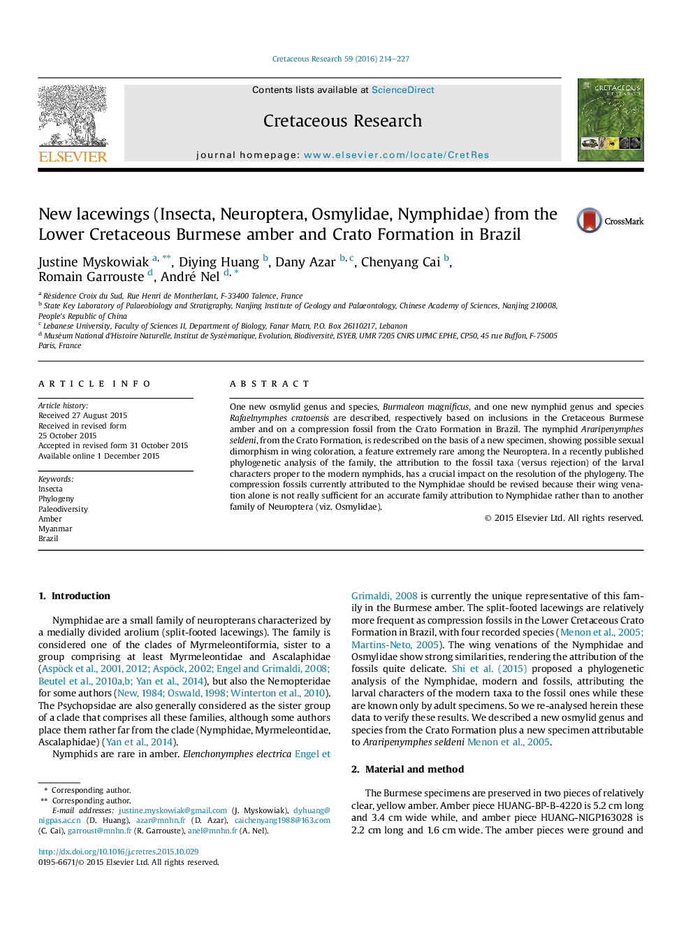 New lacewings (Insecta, Neuroptera, Osmylidae, Nymphidae) from the Lower Cretaceous Burmese amber and Crato Formation in Brazil