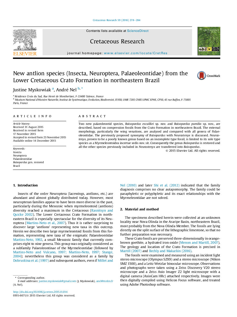 گونه Anlion جدید (Insecta، Neuroptera، Palaeoleontidae) از سازند Crato کرتاسه پایین در شمال شرقی برزیل