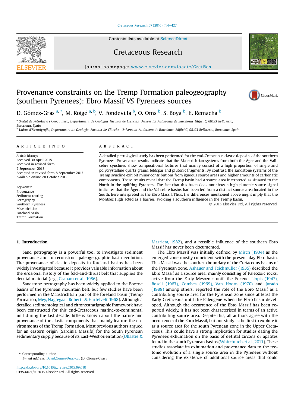 Provenance constraints on the Tremp Formation paleogeography (southern Pyrenees): Ebro Massif VS Pyrenees sources