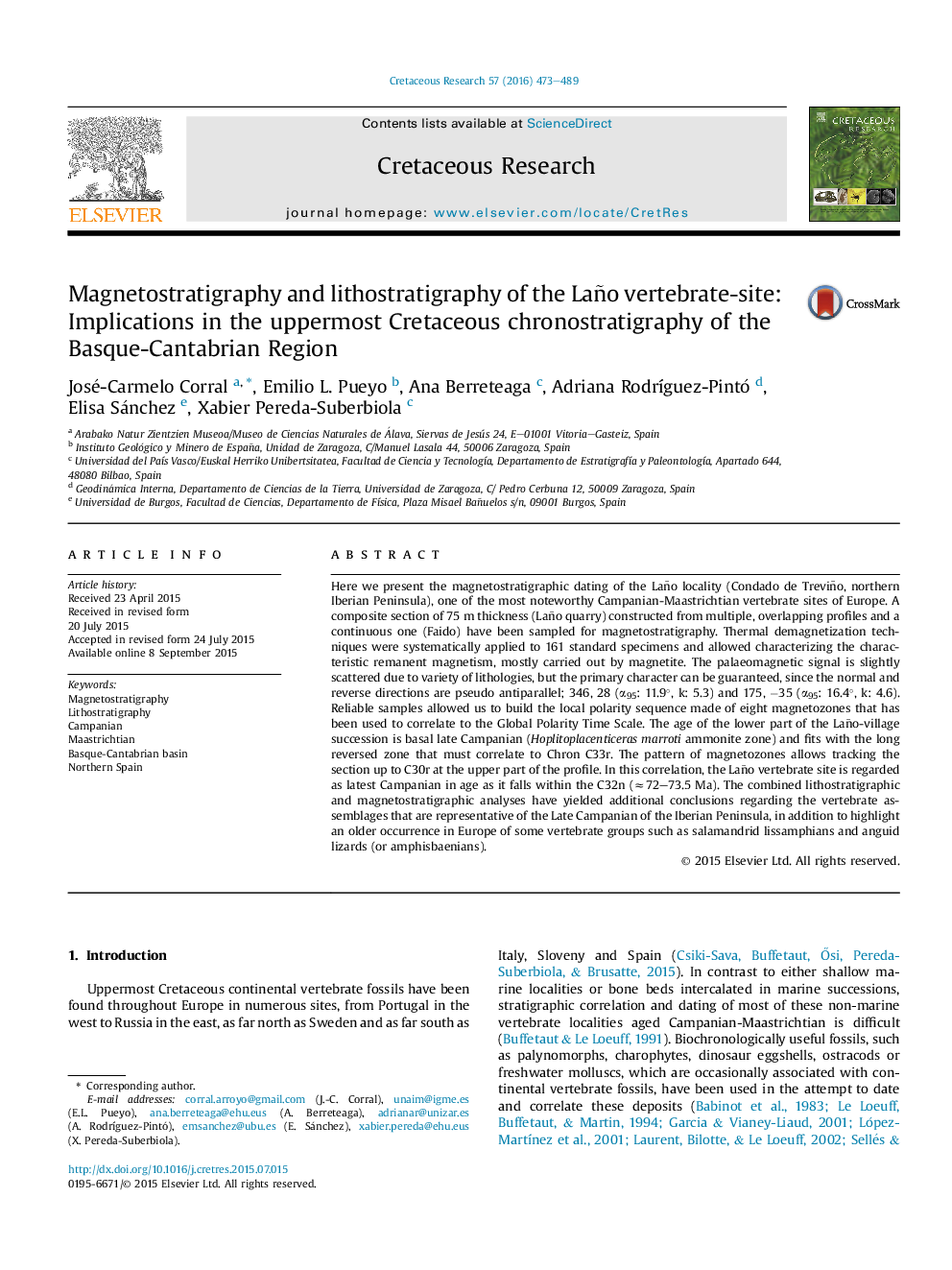 Magnetostratigraphy and lithostratigraphy of the Laño vertebrate-site: Implications in the uppermost Cretaceous chronostratigraphy of the Basque-Cantabrian Region