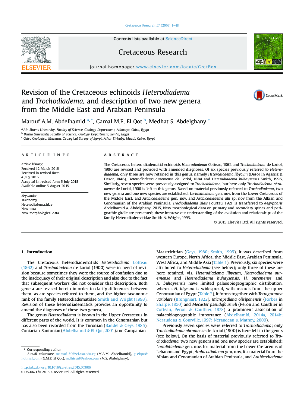 Revision of the Cretaceous echinoids Heterodiadema and Trochodiadema, and description of two new genera from the Middle East and Arabian Peninsula