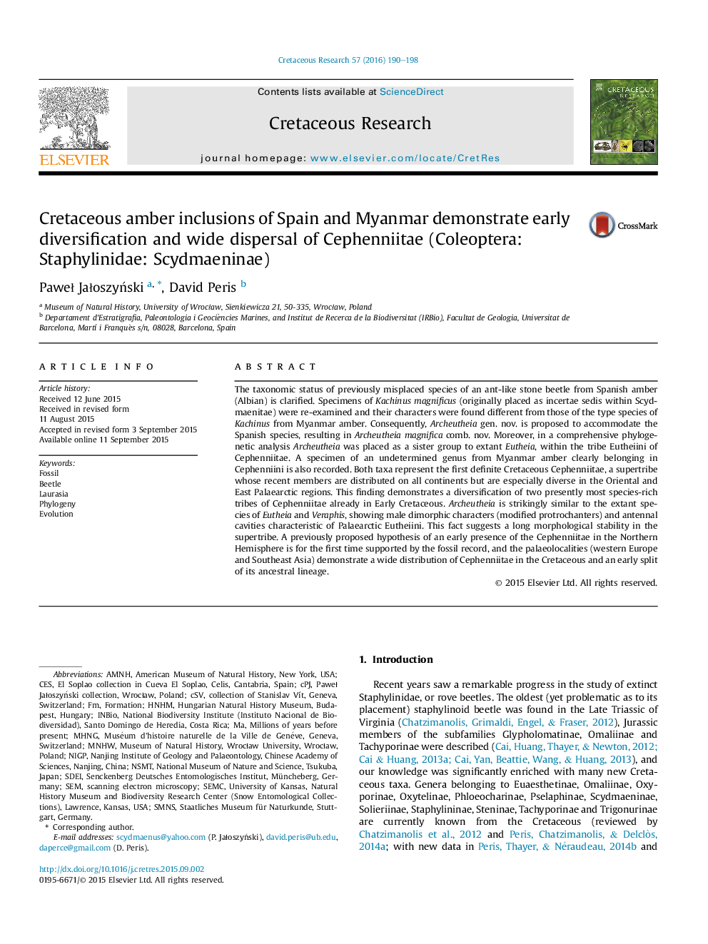 Cretaceous amber inclusions of Spain and Myanmar demonstrate early diversification and wide dispersal of Cephenniitae (Coleoptera: Staphylinidae: Scydmaeninae)