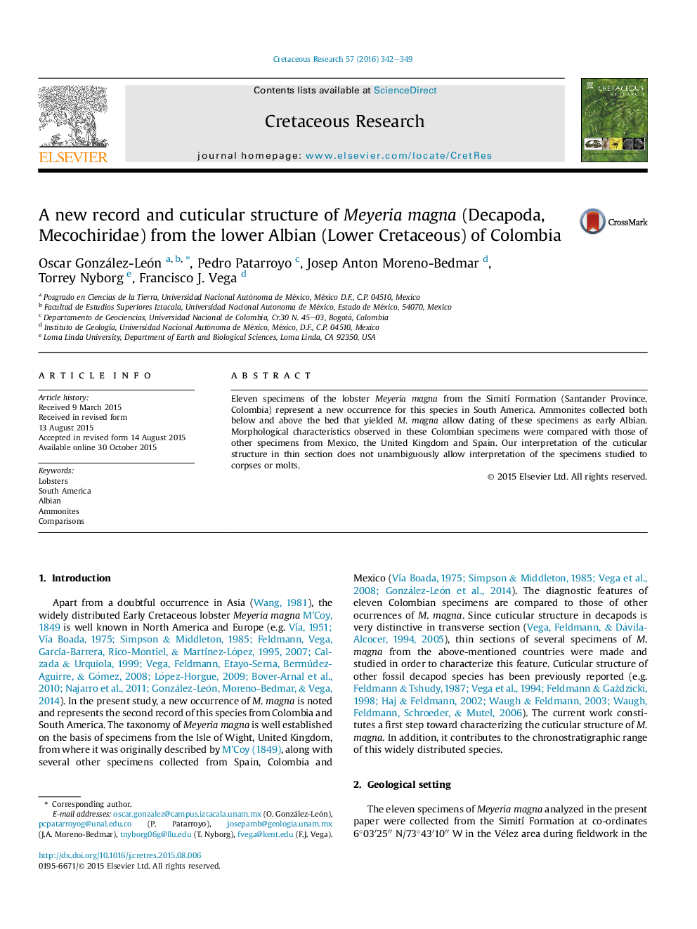 عکس صفحه اول مقاله: A new record and cuticular structure of Meyeria magna (Decapoda, Mecochiridae) from the lower Albian (Lower Cretaceous) of Colombia A new record and cuticular structure of Meyeria magna (Decapoda, Mecochiridae) from the lower Albian (Lower Cretaceous) of Colombia