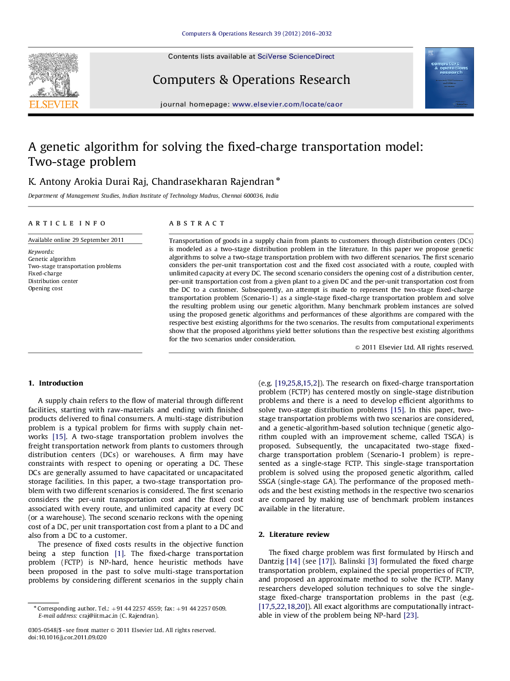 A genetic algorithm for solving the fixed-charge transportation model: Two-stage problem