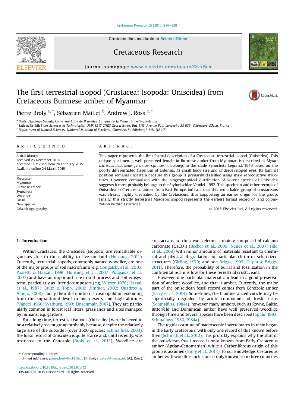 The first terrestrial isopod (Crustacea: Isopoda: Oniscidea) from Cretaceous Burmese amber of Myanmar