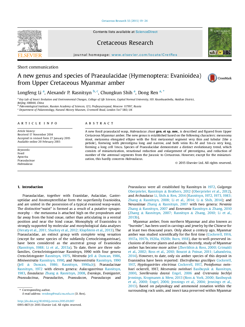 A new genus and species of Praeaulacidae (Hymenoptera: Evanioidea) from Upper Cretaceous Myanmar amber