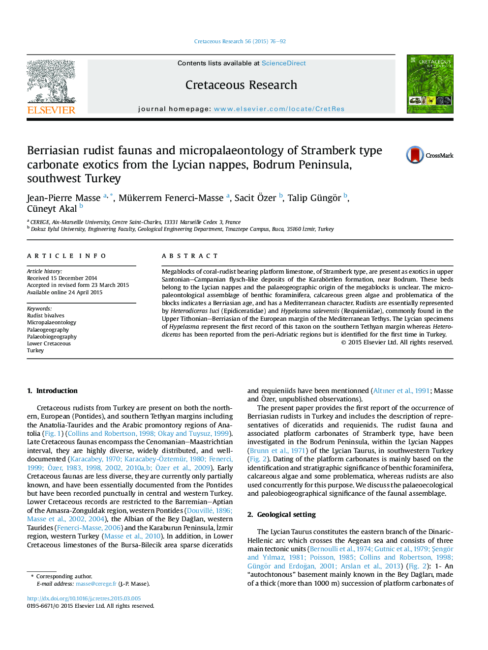Berriasian rudist faunas and micropalaeontology of Stramberk type carbonate exotics from the Lycian nappes, Bodrum Peninsula, southwest Turkey