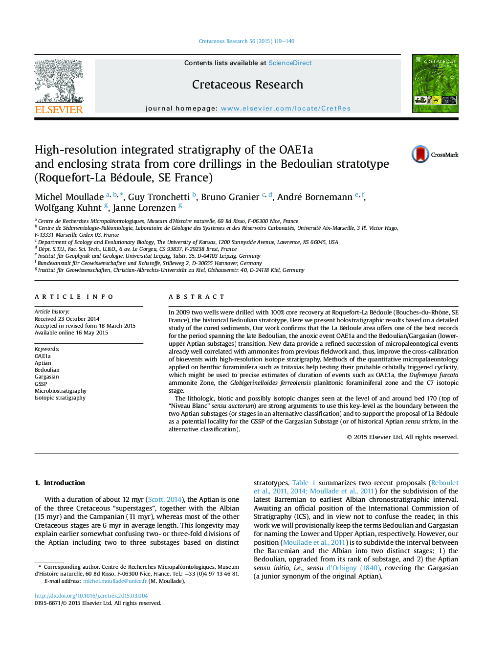 عکس صفحه اول مقاله: High-resolution integrated stratigraphy of the OAE1a and enclosing strata from core drillings in the Bedoulian stratotype (Roquefort-La Bédoule, SE France) High-resolution integrated stratigraphy of the OAE1a and enclosing strata from core drillings in the Bedoulian stratotype (Roquefort-La Bédoule, SE France)