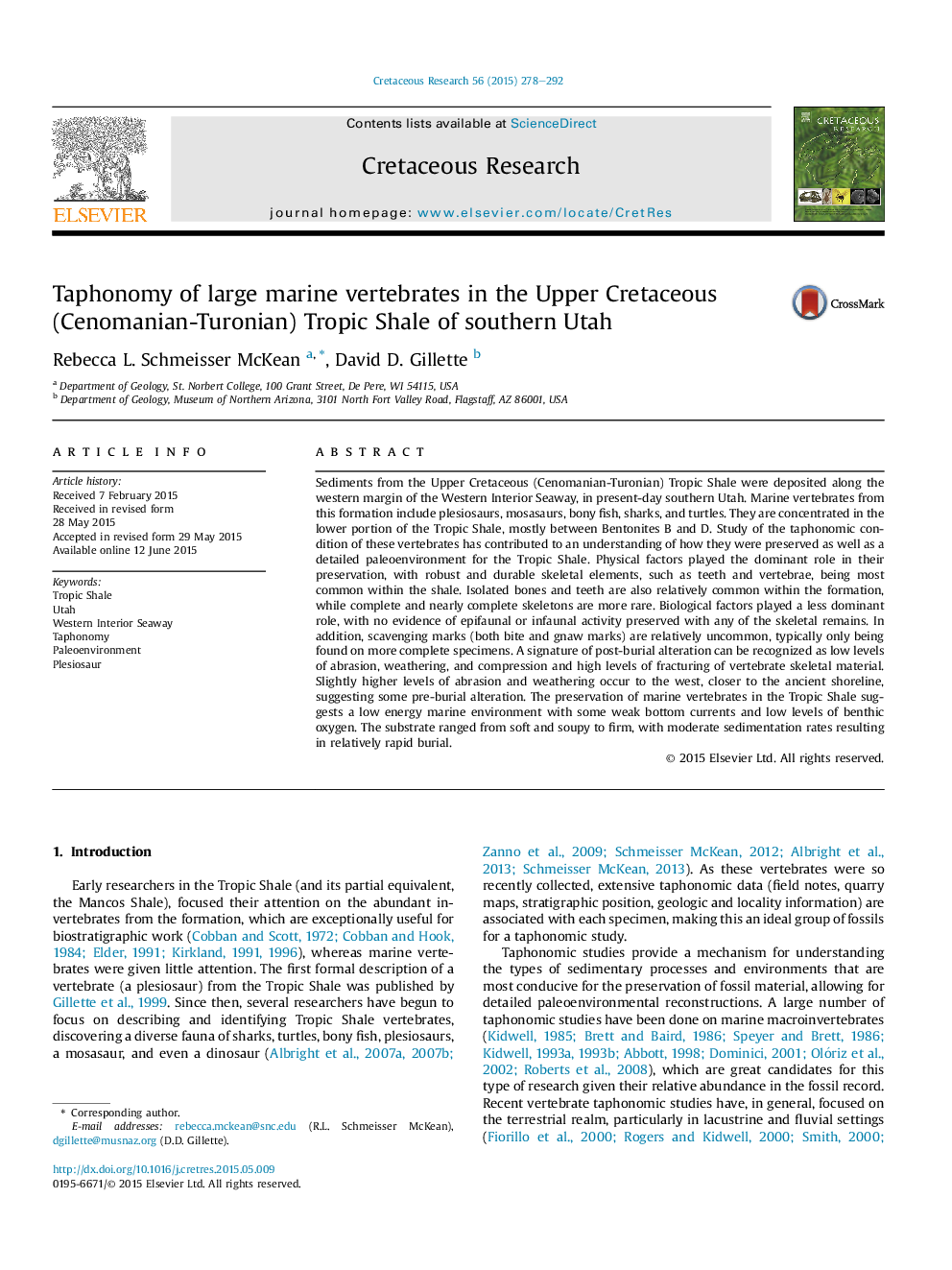 Taphonomy of large marine vertebrates in the Upper Cretaceous (Cenomanian-Turonian) Tropic Shale of southern Utah