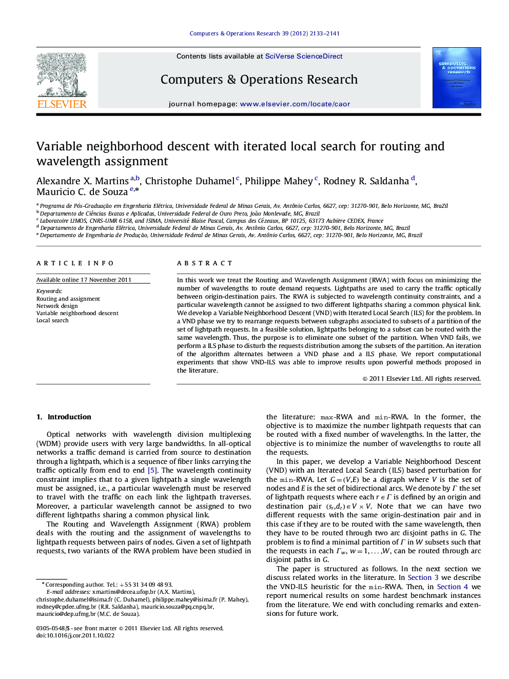 Variable neighborhood descent with iterated local search for routing and wavelength assignment