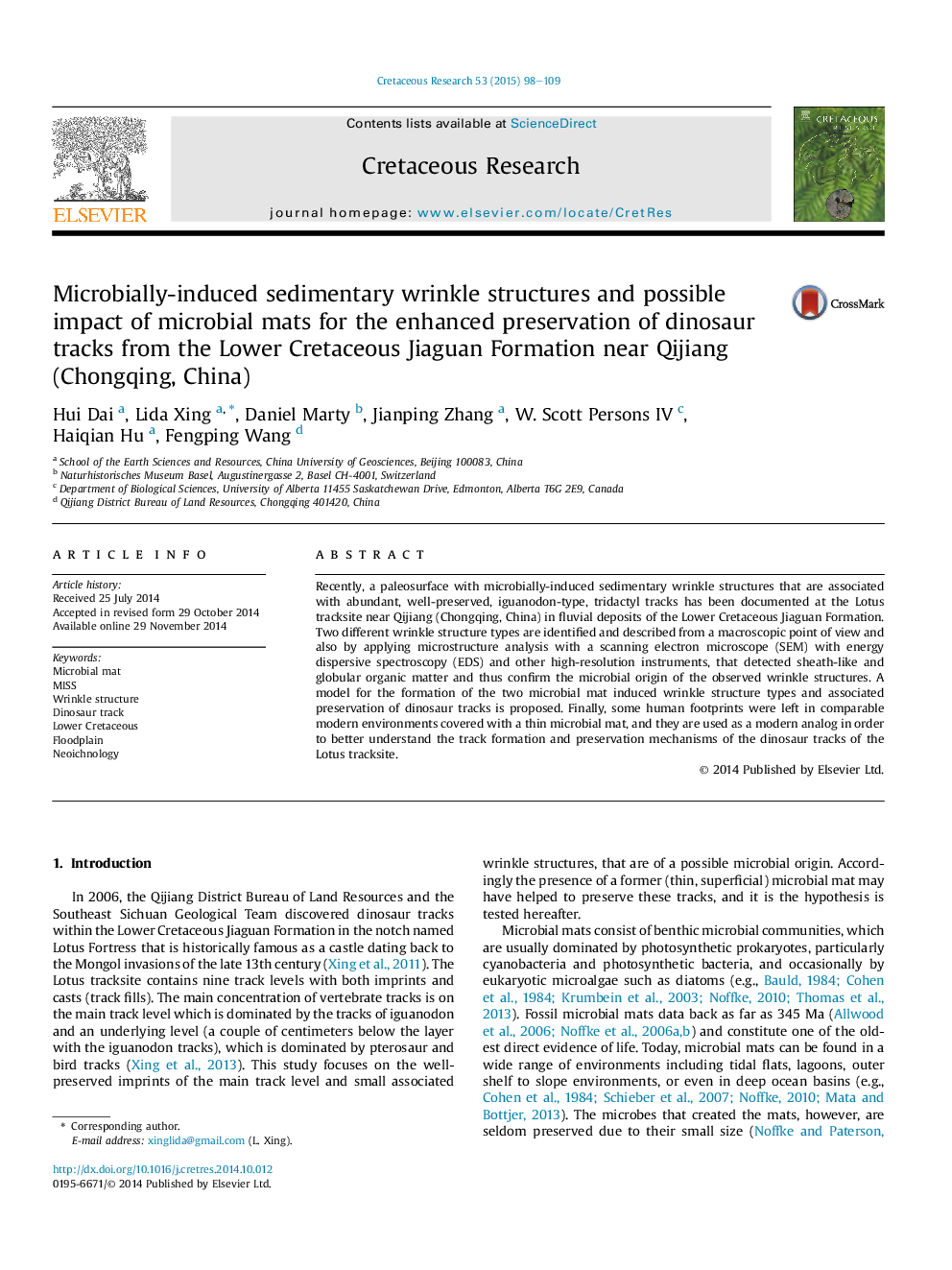 Microbially-induced sedimentary wrinkle structures and possible impact of microbial mats for the enhanced preservation of dinosaur tracks from the Lower Cretaceous Jiaguan Formation near Qijiang (Chongqing, China)