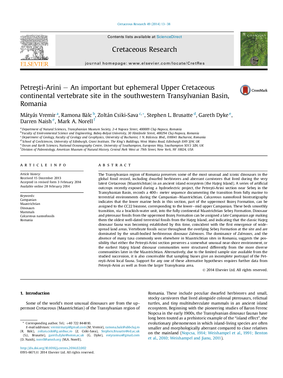 Petreşti-Arini – An important but ephemeral Upper Cretaceous continental vertebrate site in the southwestern Transylvanian Basin, Romania