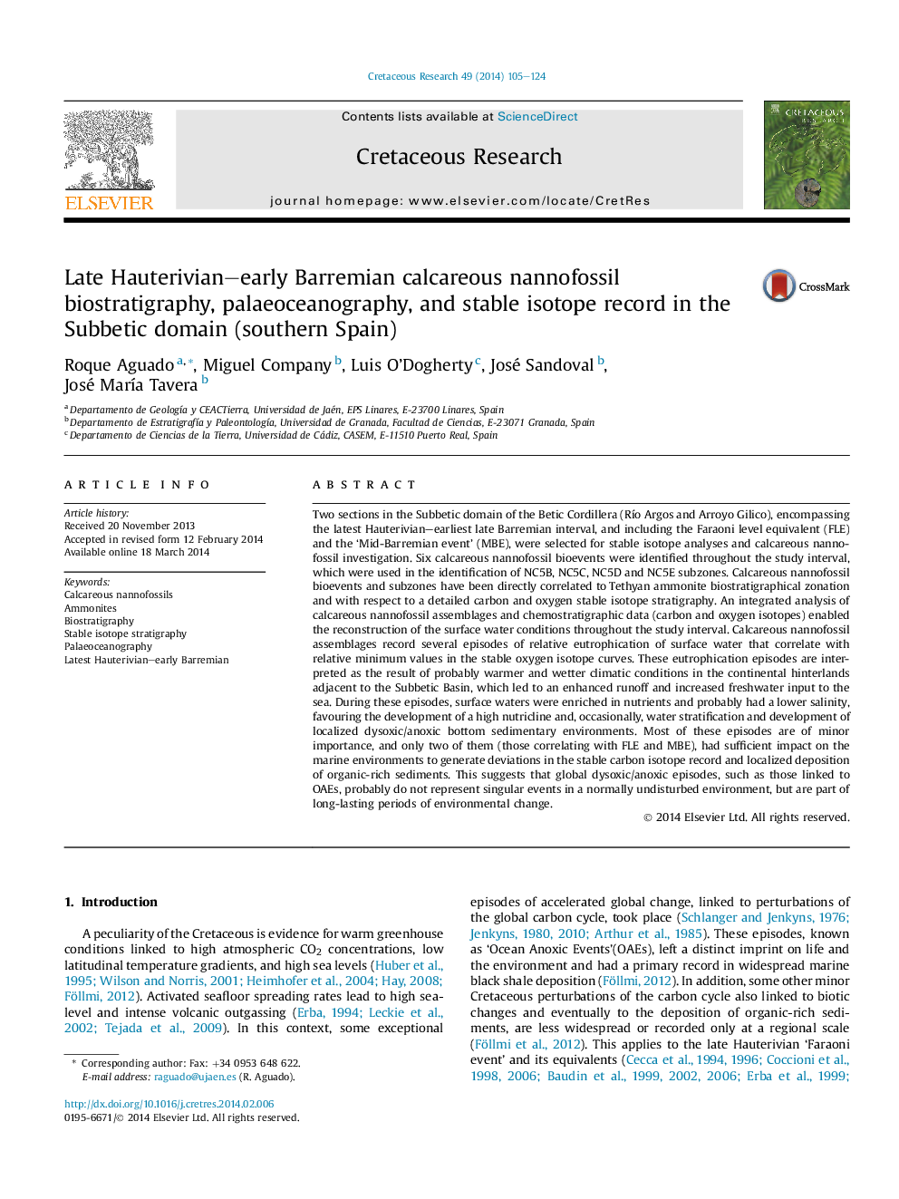 Late Hauterivian–early Barremian calcareous nannofossil biostratigraphy, palaeoceanography, and stable isotope record in the Subbetic domain (southern Spain)