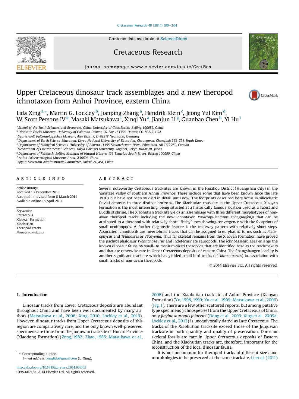 Upper Cretaceous dinosaur track assemblages and a new theropod ichnotaxon from Anhui Province, eastern China