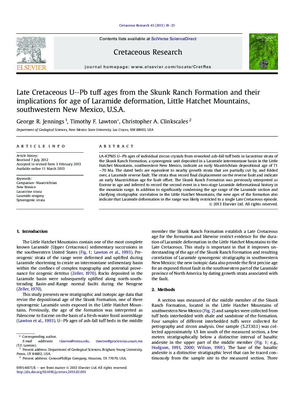 Late Cretaceous U–Pb tuff ages from the Skunk Ranch Formation and their implications for age of Laramide deformation, Little Hatchet Mountains, southwestern New Mexico, U.S.A.