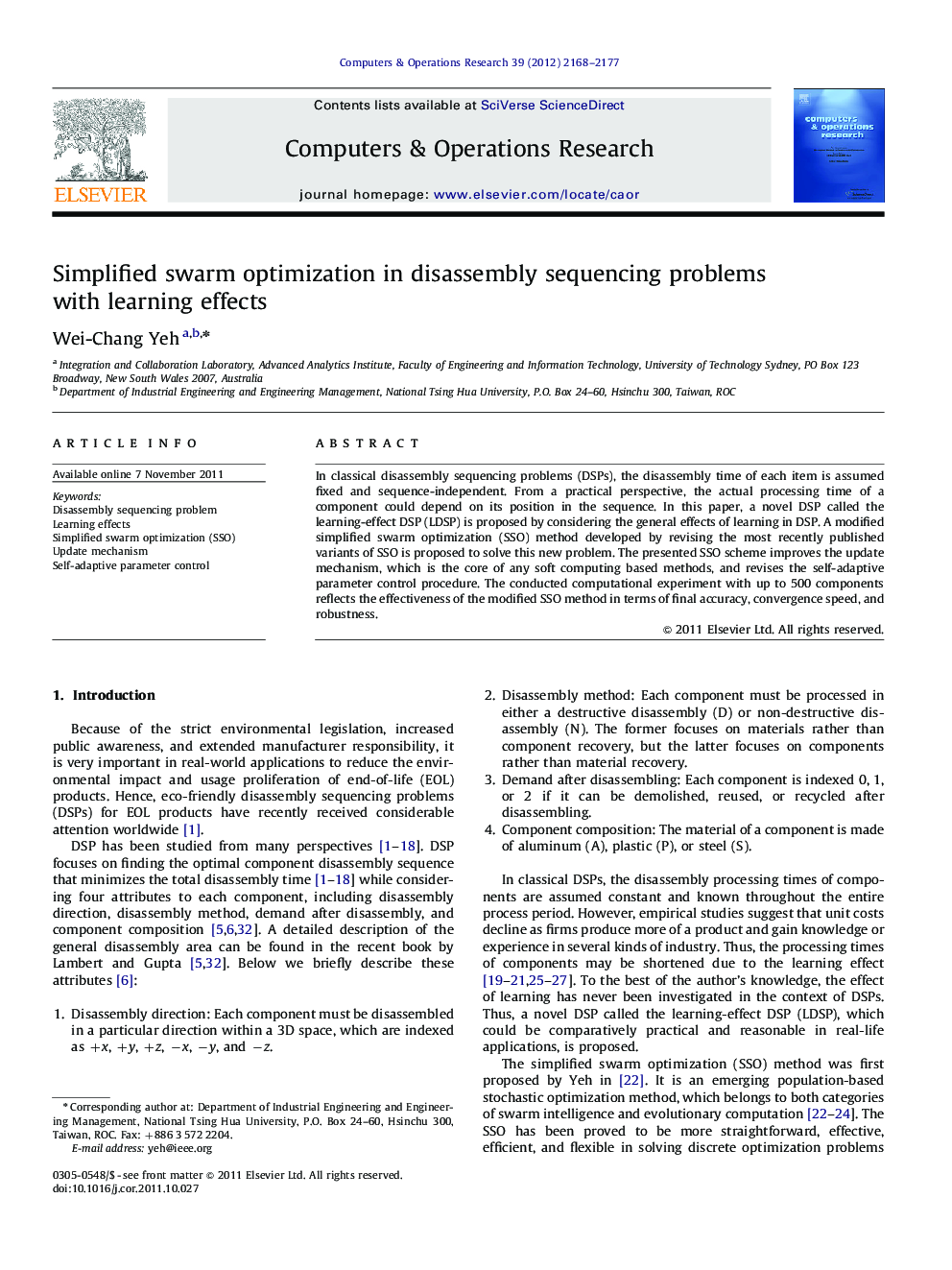 Simplified swarm optimization in disassembly sequencing problems with learning effects