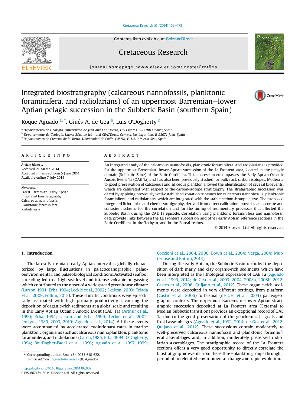 Integrated biostratigraphy (calcareous nannofossils, planktonic foraminifera, and radiolarians) of an uppermost Barremian–lower Aptian pelagic succession in the Subbetic Basin (southern Spain)