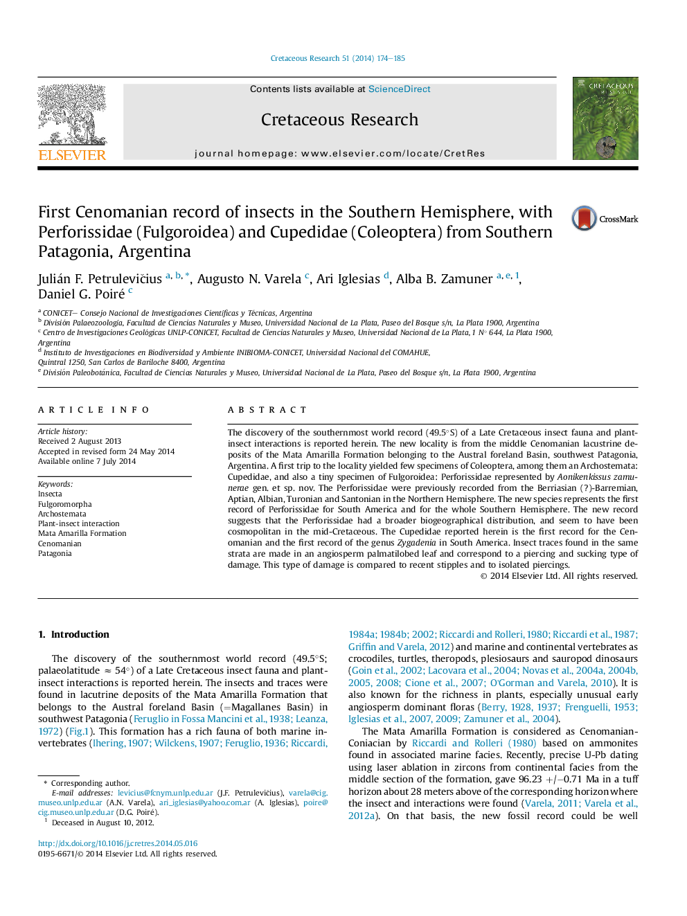 First Cenomanian record of insects in the Southern Hemisphere, with Perforissidae (Fulgoroidea) and Cupedidae (Coleoptera) from Southern Patagonia, Argentina