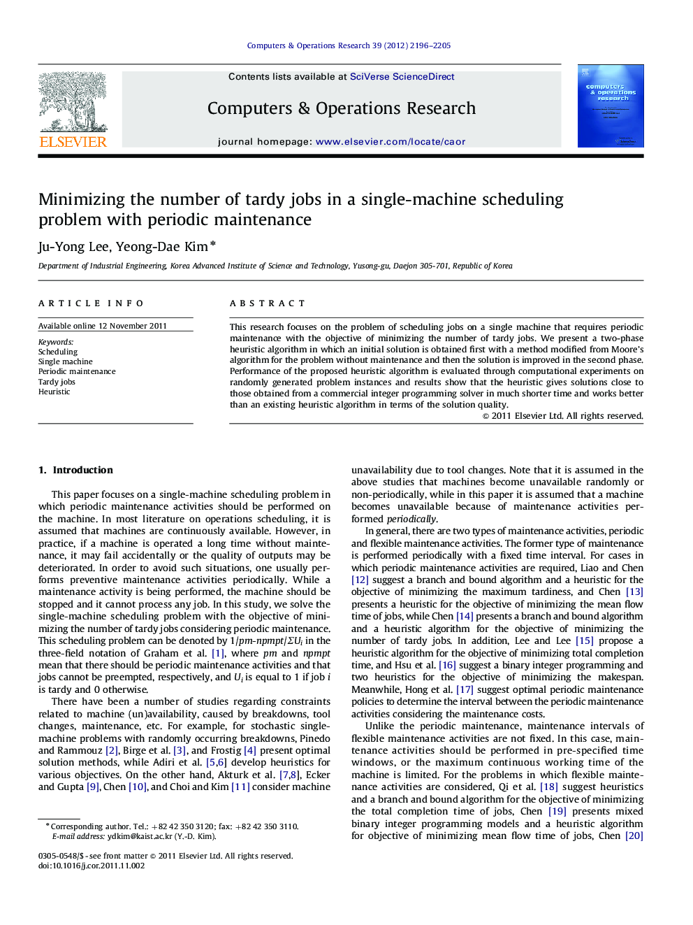 عکس صفحه اول مقاله: Minimizing the number of tardy jobs in a single-machine scheduling problem with periodic maintenance Minimizing the number of tardy jobs in a single-machine scheduling problem with periodic maintenance