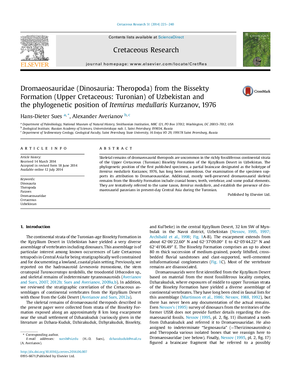 Dromaeosauridae (Dinosauria: Theropoda) from the Bissekty Formation (Upper Cretaceous: Turonian) of Uzbekistan and the phylogenetic position of Itemirus medullaris Kurzanov, 1976