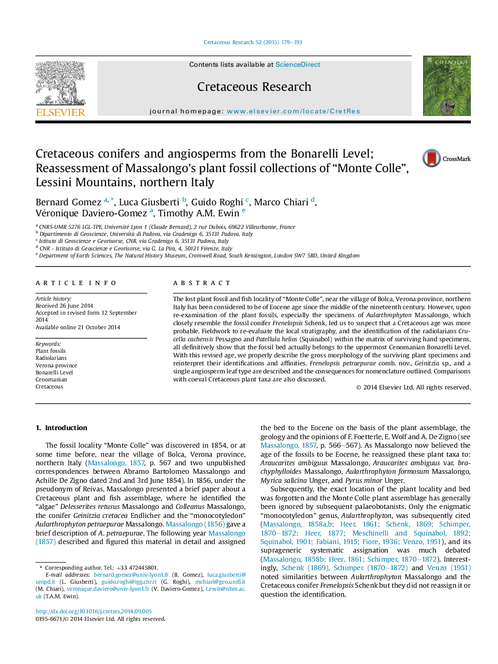 Cretaceous conifers and angiosperms from the Bonarelli Level; Reassessment of Massalongo's plant fossil collections of “Monte Colle”, Lessini Mountains, northern Italy