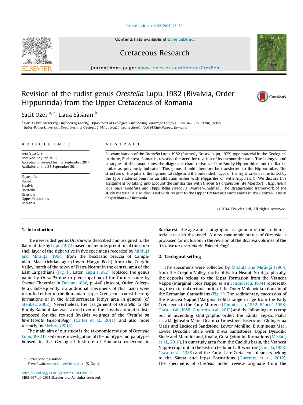 Revision of the rudist genus Orestella Lupu, 1982 (Bivalvia, Order Hippuritida) from the Upper Cretaceous of Romania