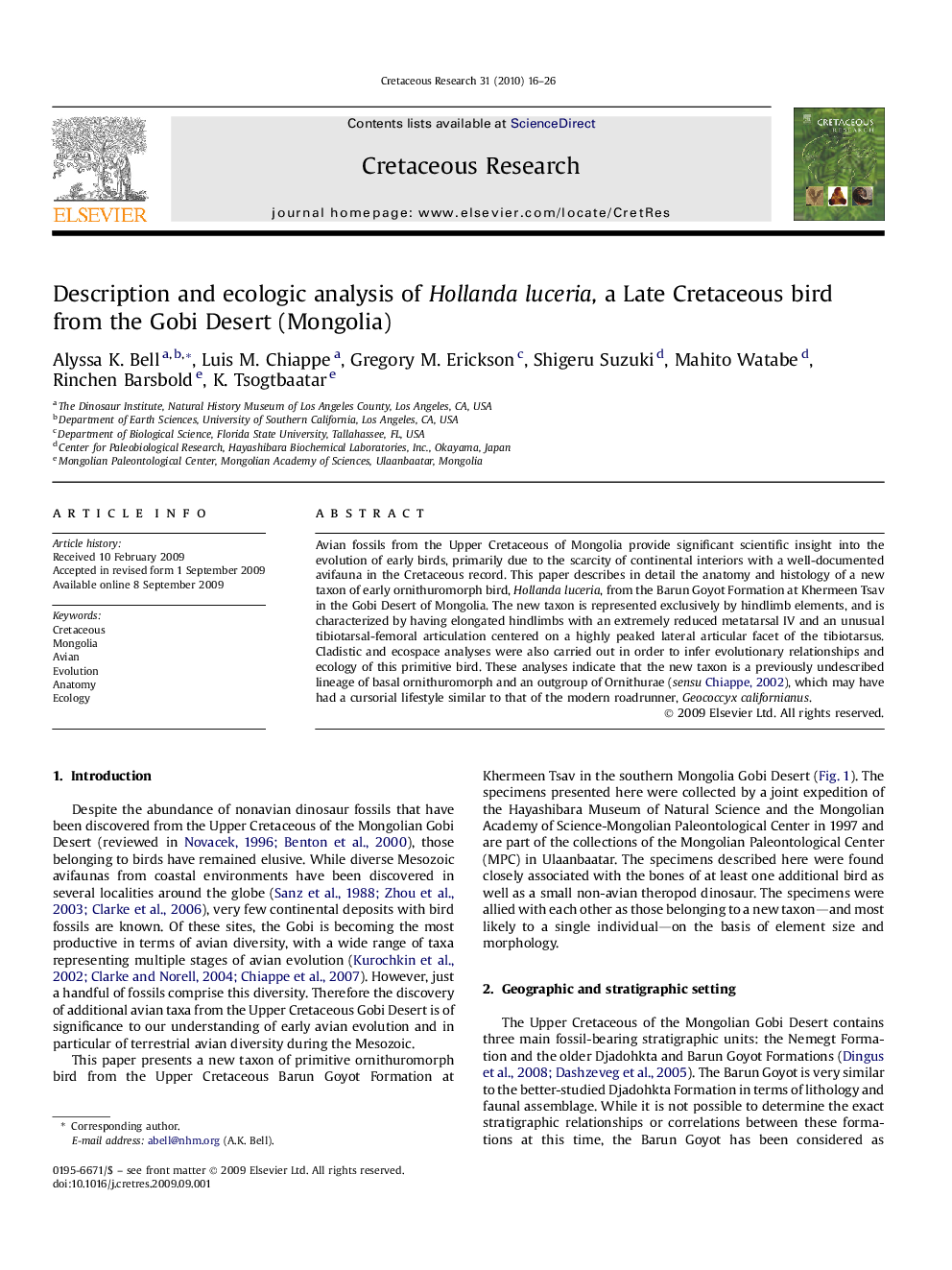 Description and ecologic analysis of Hollanda luceria, a Late Cretaceous bird from the Gobi Desert (Mongolia)