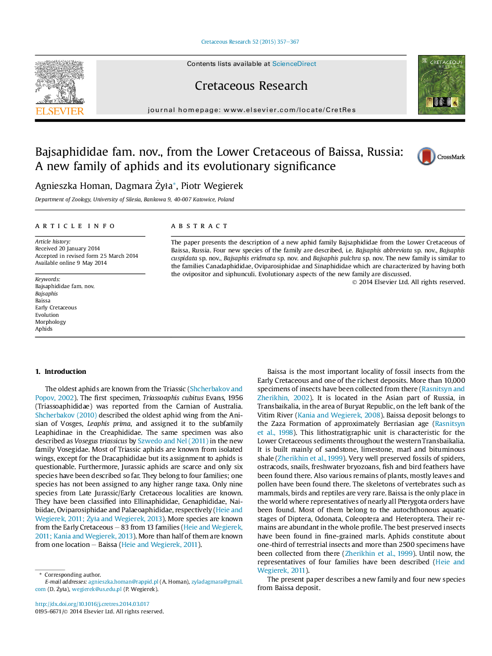 Bajsaphididae fam. nov., from the Lower Cretaceous of Baissa, Russia: A new family of aphids and its evolutionary significance