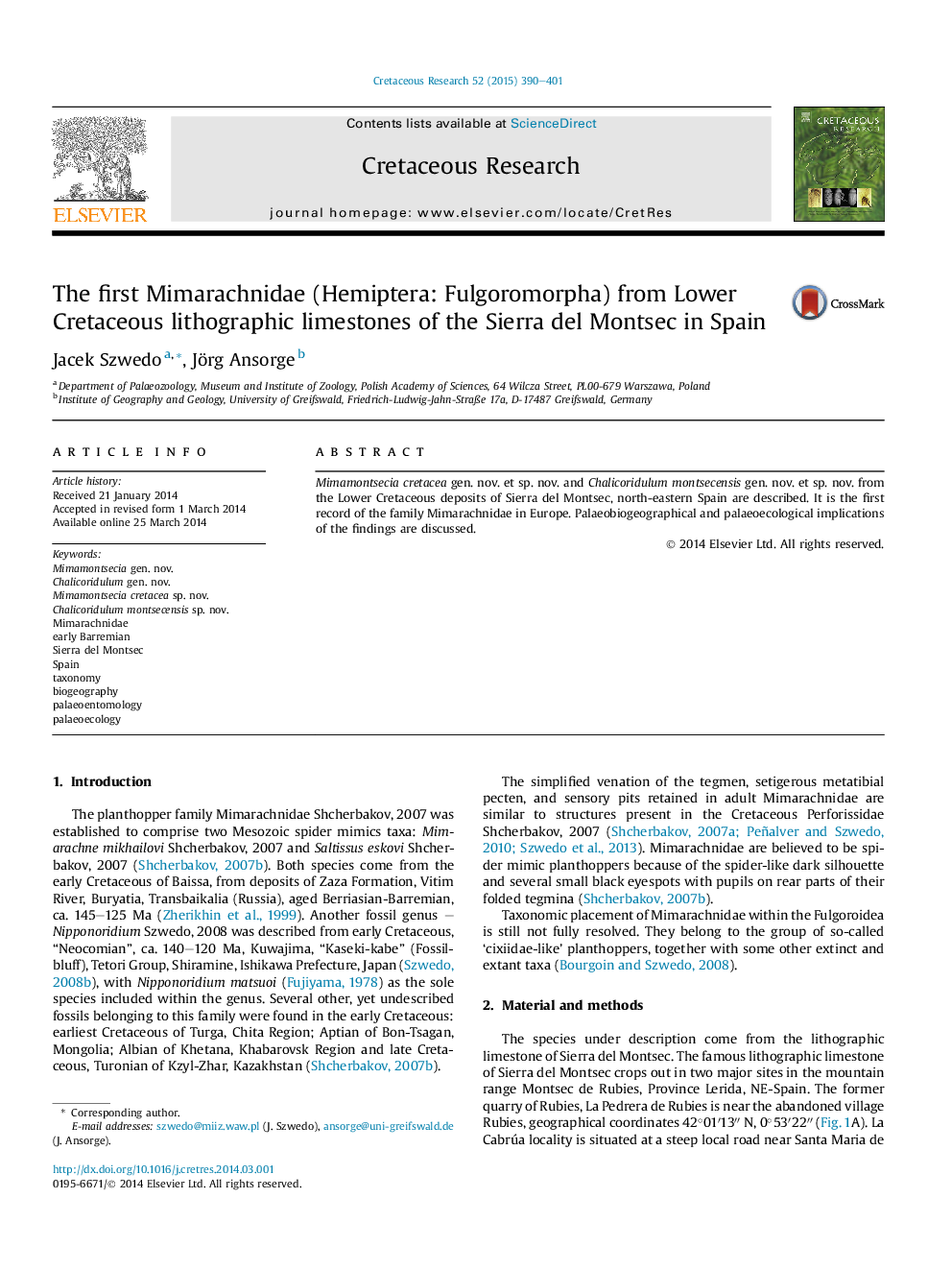 The first Mimarachnidae (Hemiptera: Fulgoromorpha) from Lower Cretaceous lithographic limestones of the Sierra del Montsec in Spain