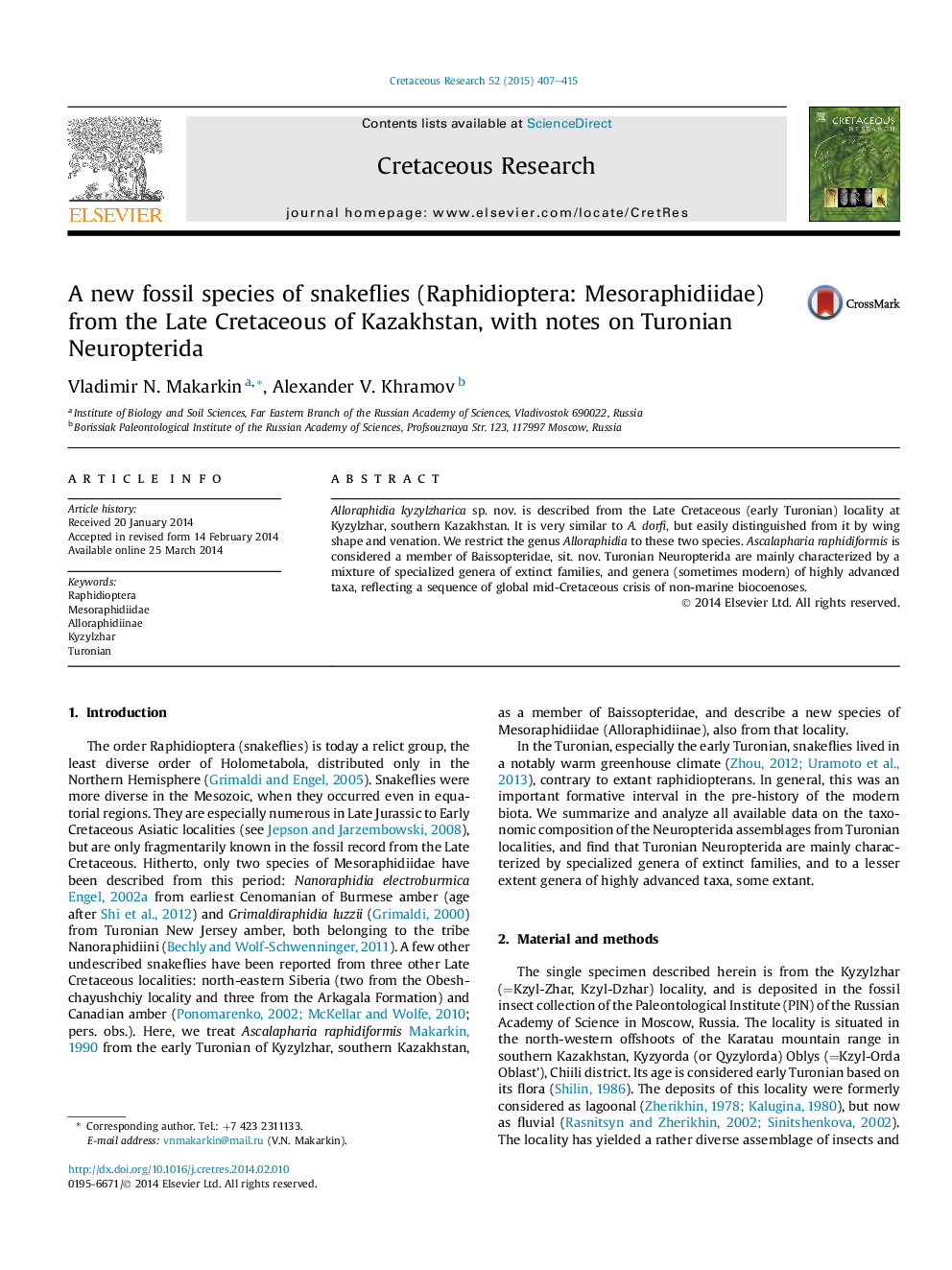 A new fossil species of snakeflies (Raphidioptera: Mesoraphidiidae) from the Late Cretaceous of Kazakhstan, with notes on Turonian Neuropterida