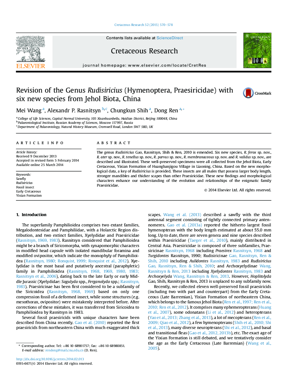 Revision of the Genus Rudisiricius (Hymenoptera, Praesiricidae) with six new species from Jehol Biota, China