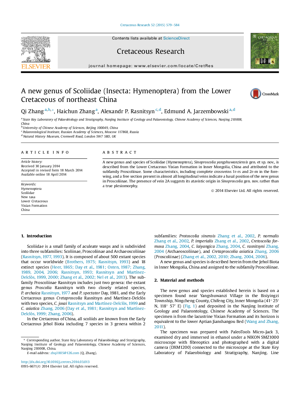 A new genus of Scoliidae (Insecta: Hymenoptera) from the Lower Cretaceous of northeast China