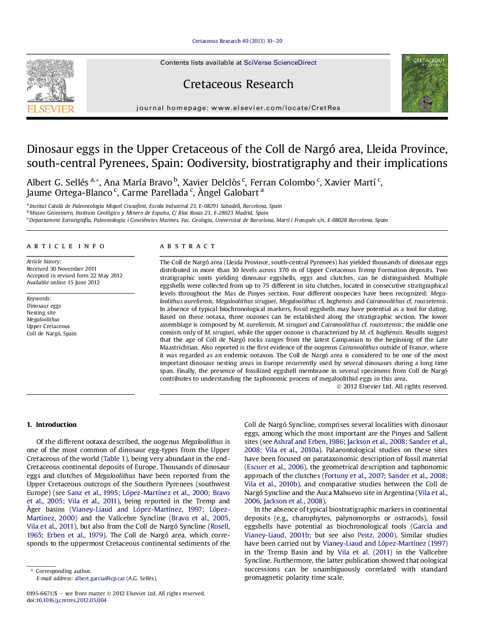 Dinosaur eggs in the Upper Cretaceous of the Coll de Nargó area, Lleida Province, south-central Pyrenees, Spain: Oodiversity, biostratigraphy and their implications