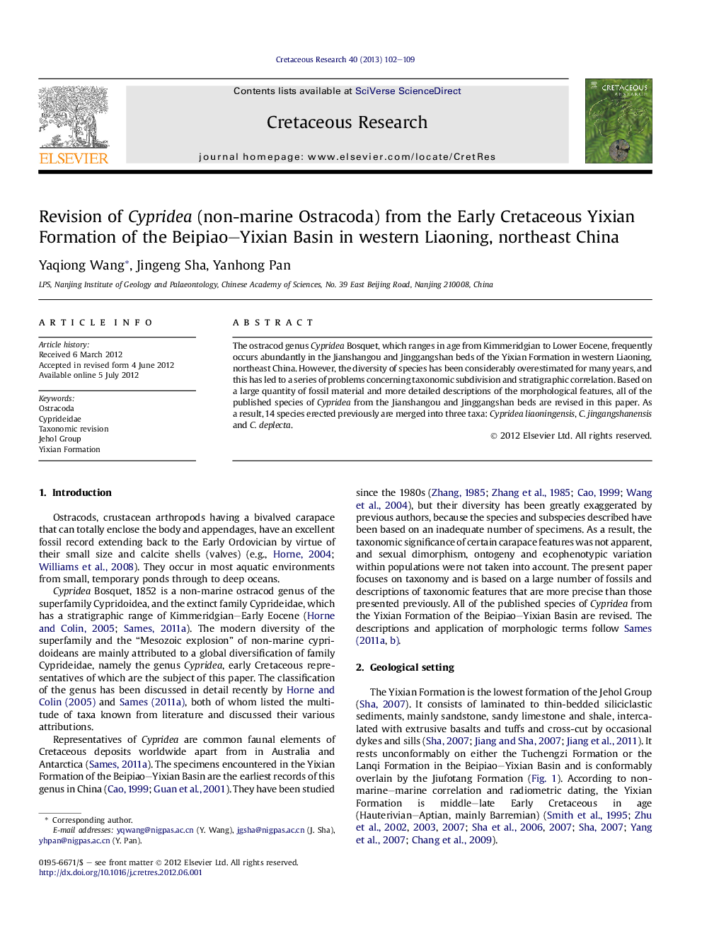 Revision of Cypridea (non-marine Ostracoda) from the Early Cretaceous Yixian Formation of the Beipiao–Yixian Basin in western Liaoning, northeast China