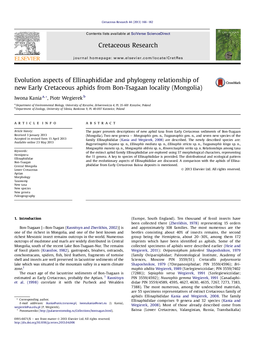 Evolution aspects of Ellinaphididae and phylogeny relationship of new Early Cretaceous aphids from Bon-Tsagaan locality (Mongolia)