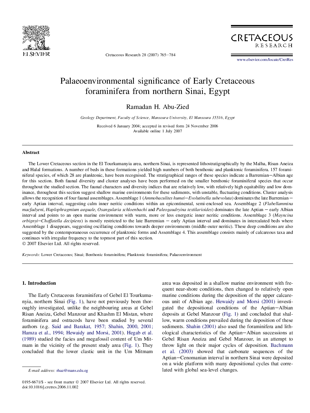 Palaeoenvironmental significance of Early Cretaceous foraminifera from northern Sinai, Egypt