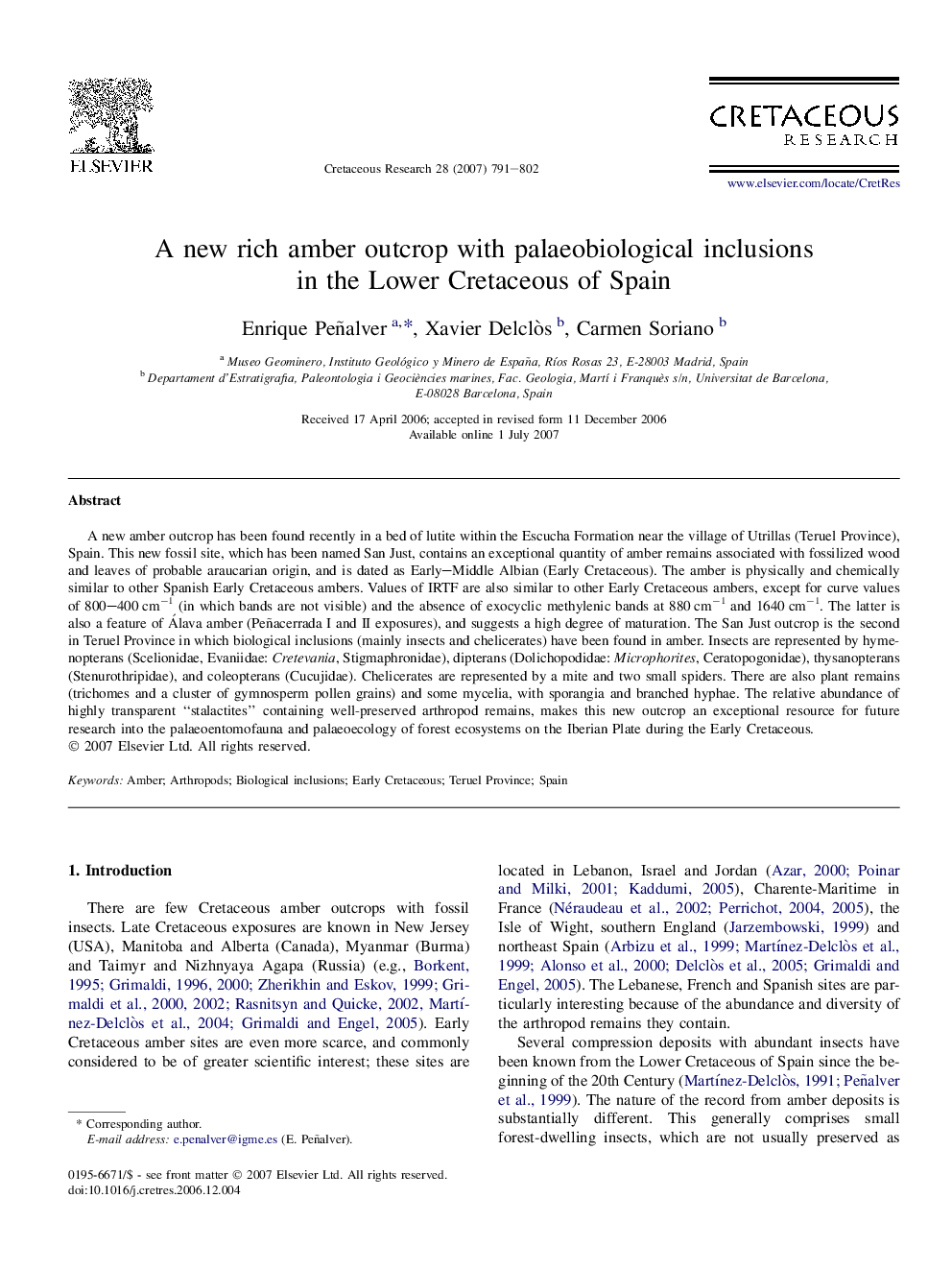 A new rich amber outcrop with palaeobiological inclusions in the Lower Cretaceous of Spain