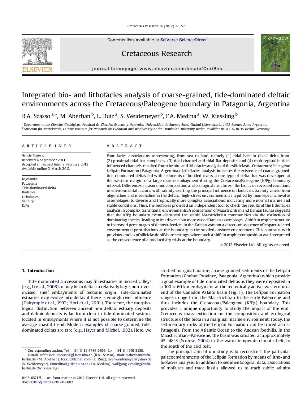 عکس صفحه اول مقاله: Integrated bio- and lithofacies analysis of coarse-grained, tide-dominated deltaic environments across the Cretaceous/Paleogene boundary in Patagonia, Argentina Integrated bio- and lithofacies analysis of coarse-grained, tide-dominated deltaic environments across the Cretaceous/Paleogene boundary in Patagonia, Argentina