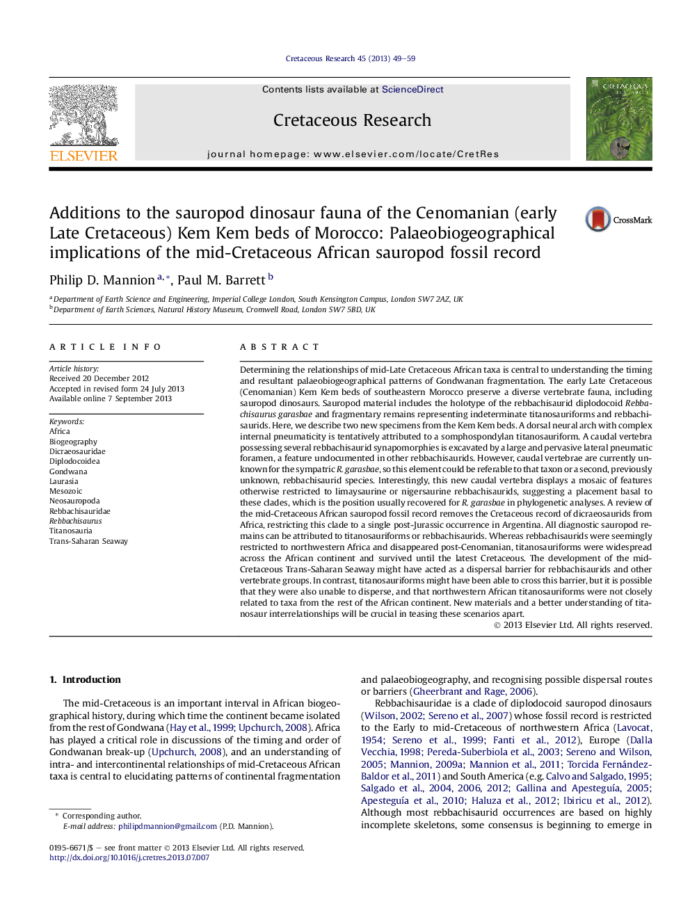 Additions to the sauropod dinosaur fauna of the Cenomanian (early Late Cretaceous) Kem Kem beds of Morocco: Palaeobiogeographical implications of the mid-Cretaceous African sauropod fossil record