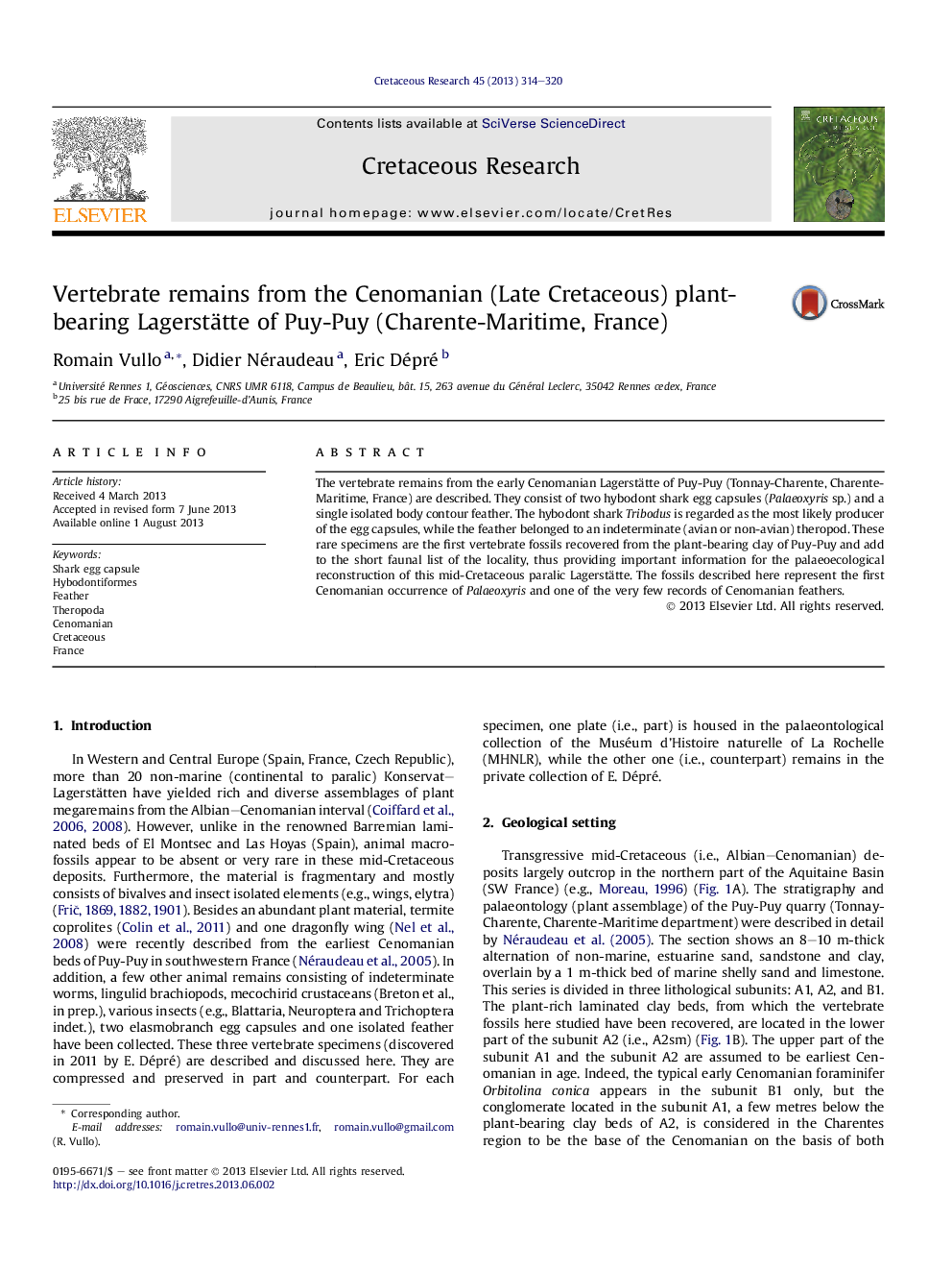 Vertebrate remains from the Cenomanian (Late Cretaceous) plant-bearing Lagerstätte of Puy-Puy (Charente-Maritime, France)