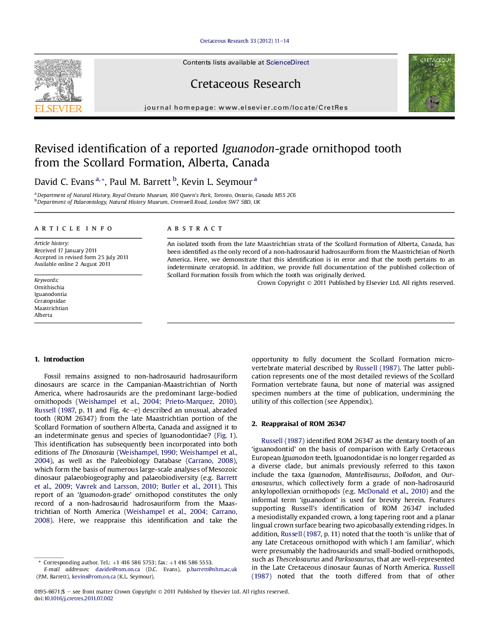 Revised identification of a reported Iguanodon-grade ornithopod tooth from the Scollard Formation, Alberta, Canada