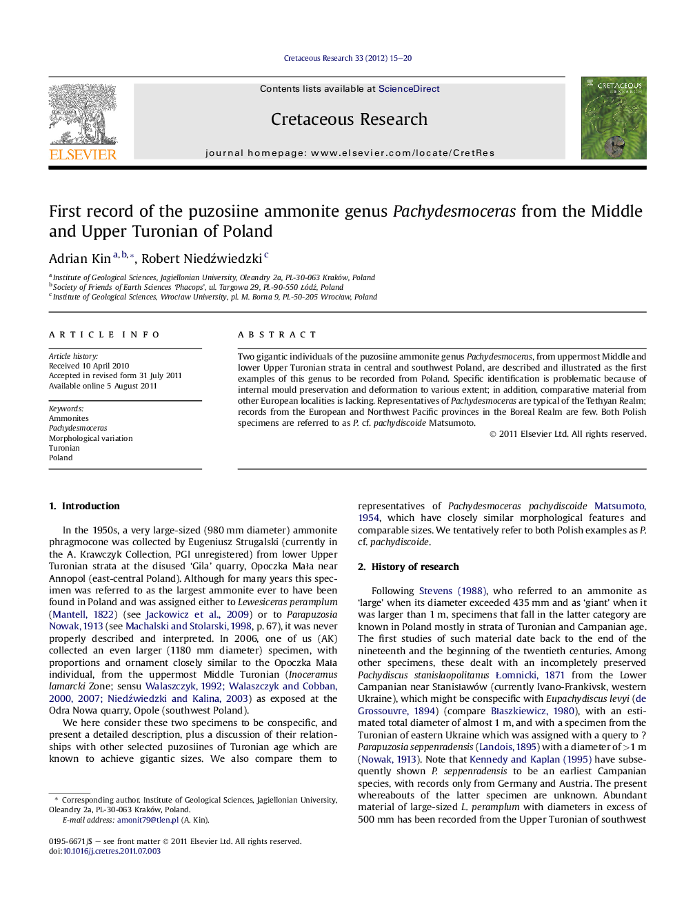 First record of the puzosiine ammonite genus Pachydesmoceras from the Middle and Upper Turonian of Poland