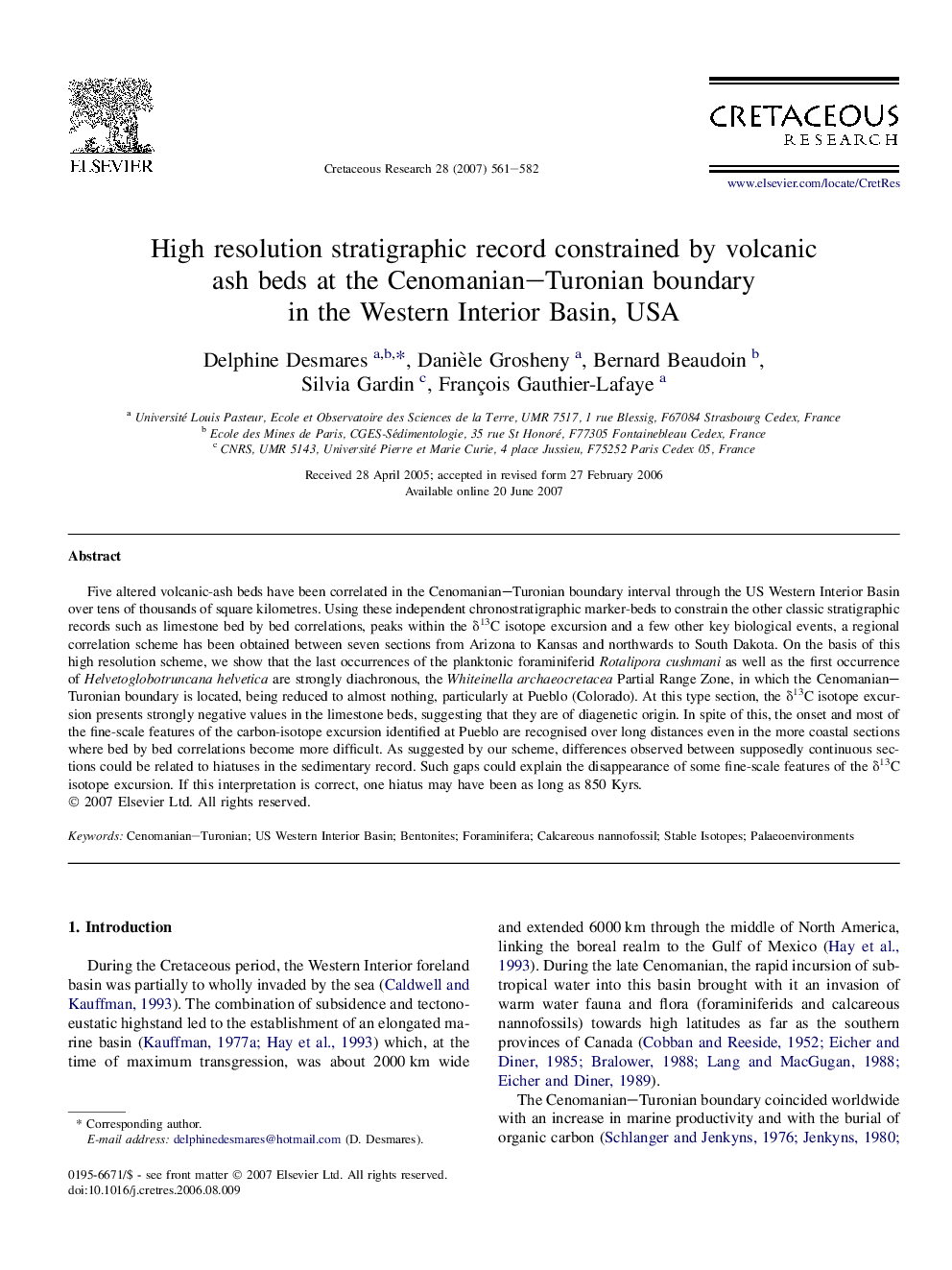 High resolution stratigraphic record constrained by volcanic ash beds at the Cenomanian–Turonian boundary in the Western Interior Basin, USA