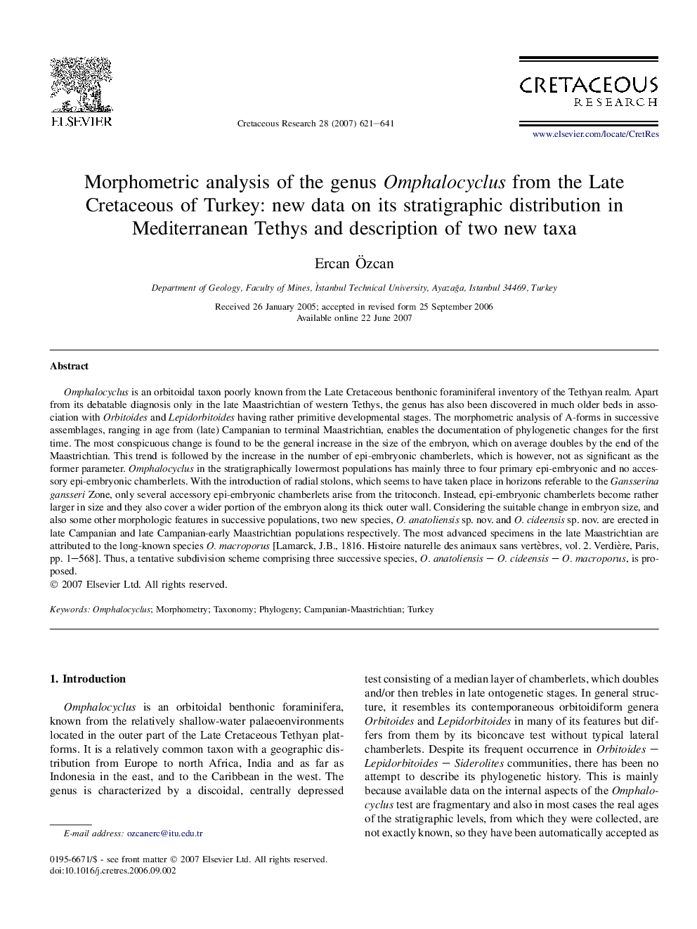 Morphometric analysis of the genus Omphalocyclus from the Late Cretaceous of Turkey: new data on its stratigraphic distribution in Mediterranean Tethys and description of two new taxa