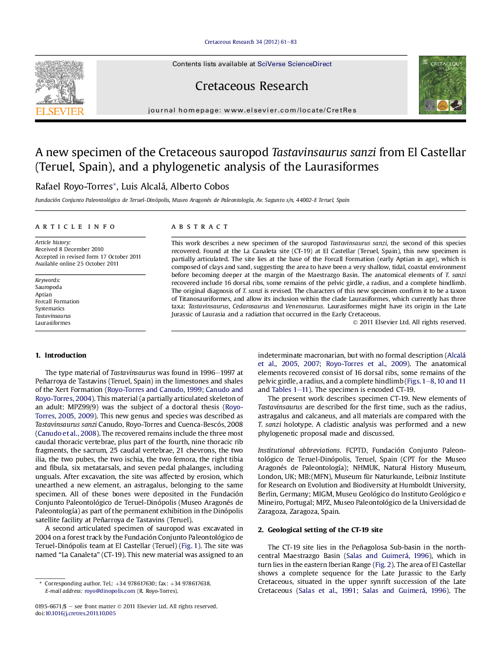 A new specimen of the Cretaceous sauropod Tastavinsaurus sanzi from El Castellar (Teruel, Spain), and a phylogenetic analysis of the Laurasiformes