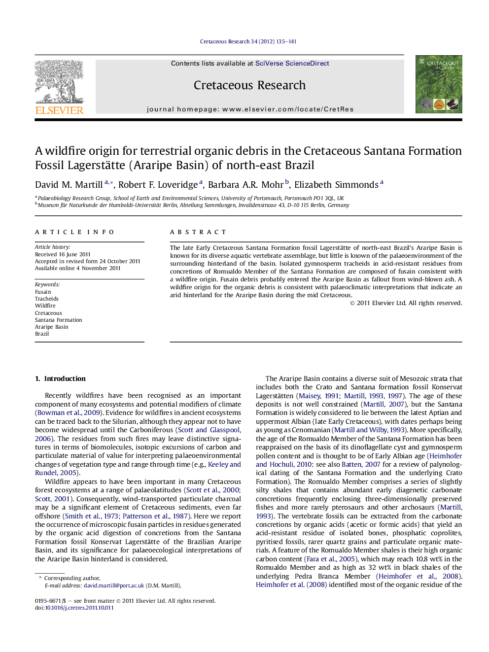 A wildfire origin for terrestrial organic debris in the Cretaceous Santana Formation Fossil Lagerstätte (Araripe Basin) of north-east Brazil