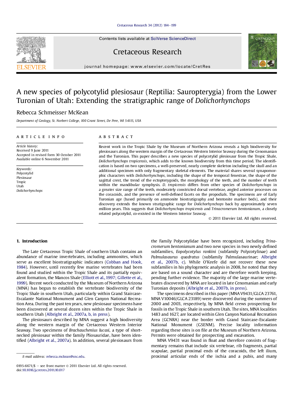 A new species of polycotylid plesiosaur (Reptilia: Sauropterygia) from the Lower Turonian of Utah: Extending the stratigraphic range of Dolichorhynchops